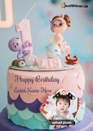 1st birthday cake for baby girl with name and photo edit