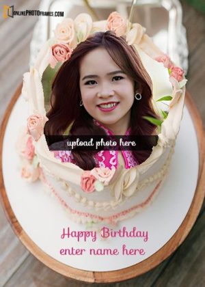 beautiful flower birthday cake with name and photo frame design