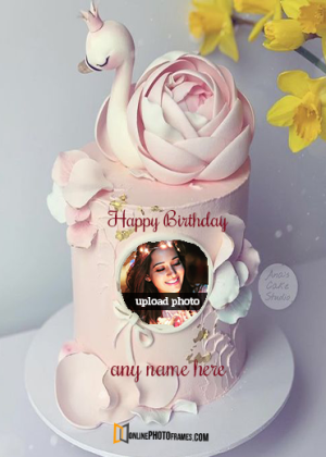 cute swan birthday cake with name and photo edit