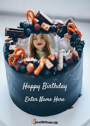 dark chocolate birthday cake design with name and photo