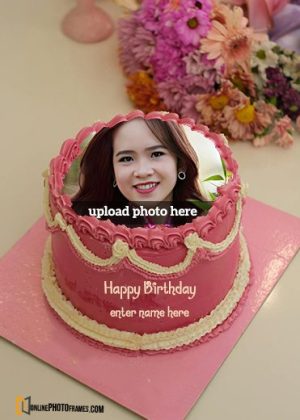 pink birthday cake with name and photo frame online