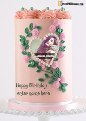 pink heart birthday cake with name and photo frame editor