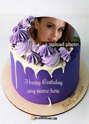 purple birthday cake with name and photo frame