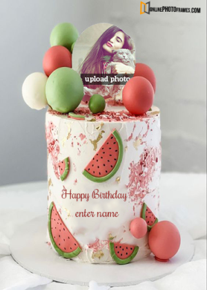 watermelon birthday theme cake with name and Photo